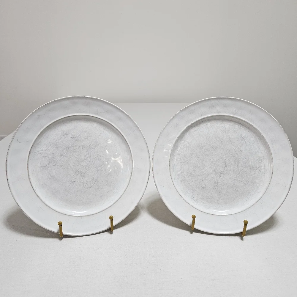 Pottery Barn Cambria Stone (2) Dinner Plates Handcrafted Rustic Trim White 10.7